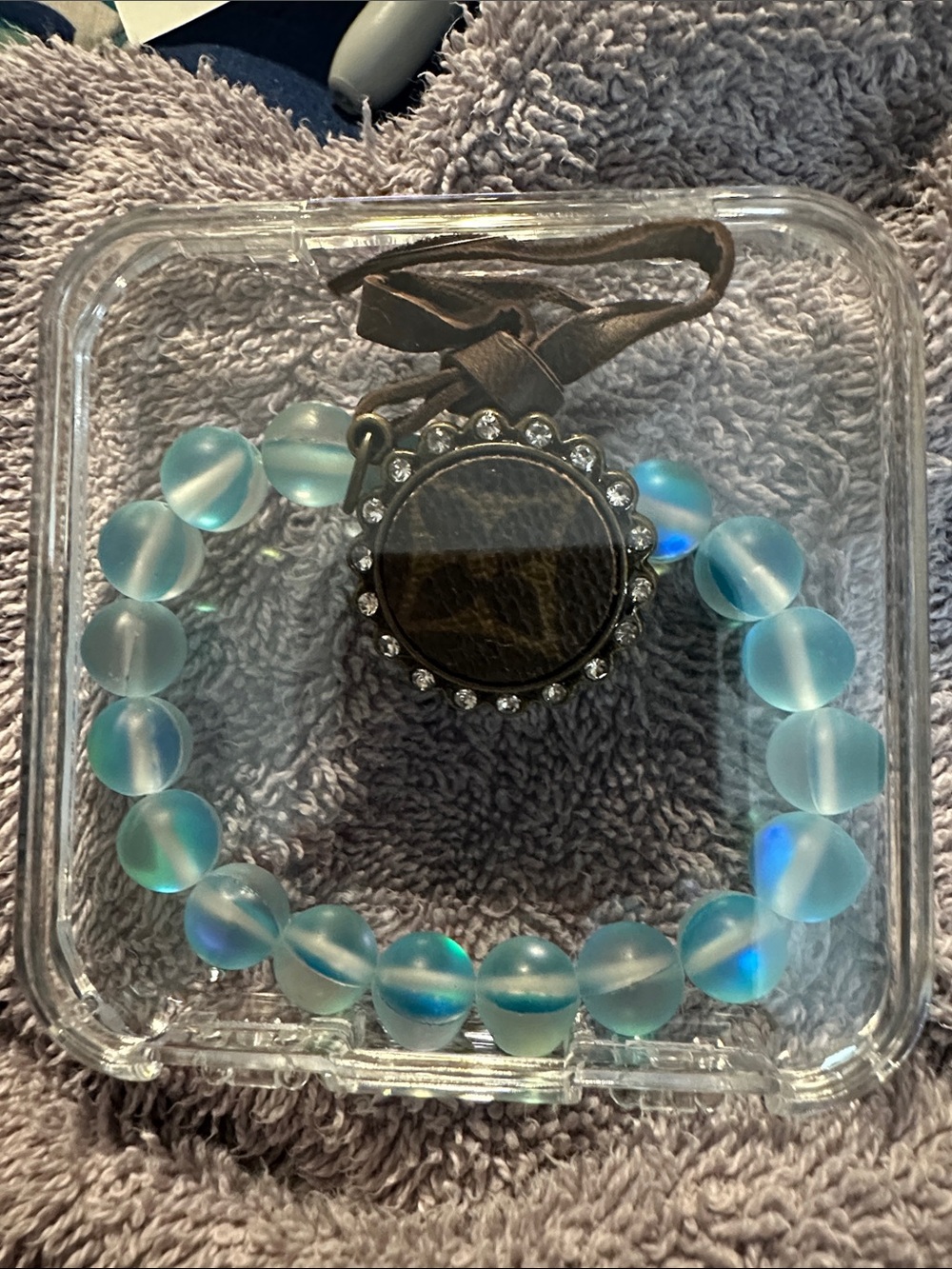 Light  Blue Beaded Bracelet with Rhinestone Pendant. Inspired upcycled